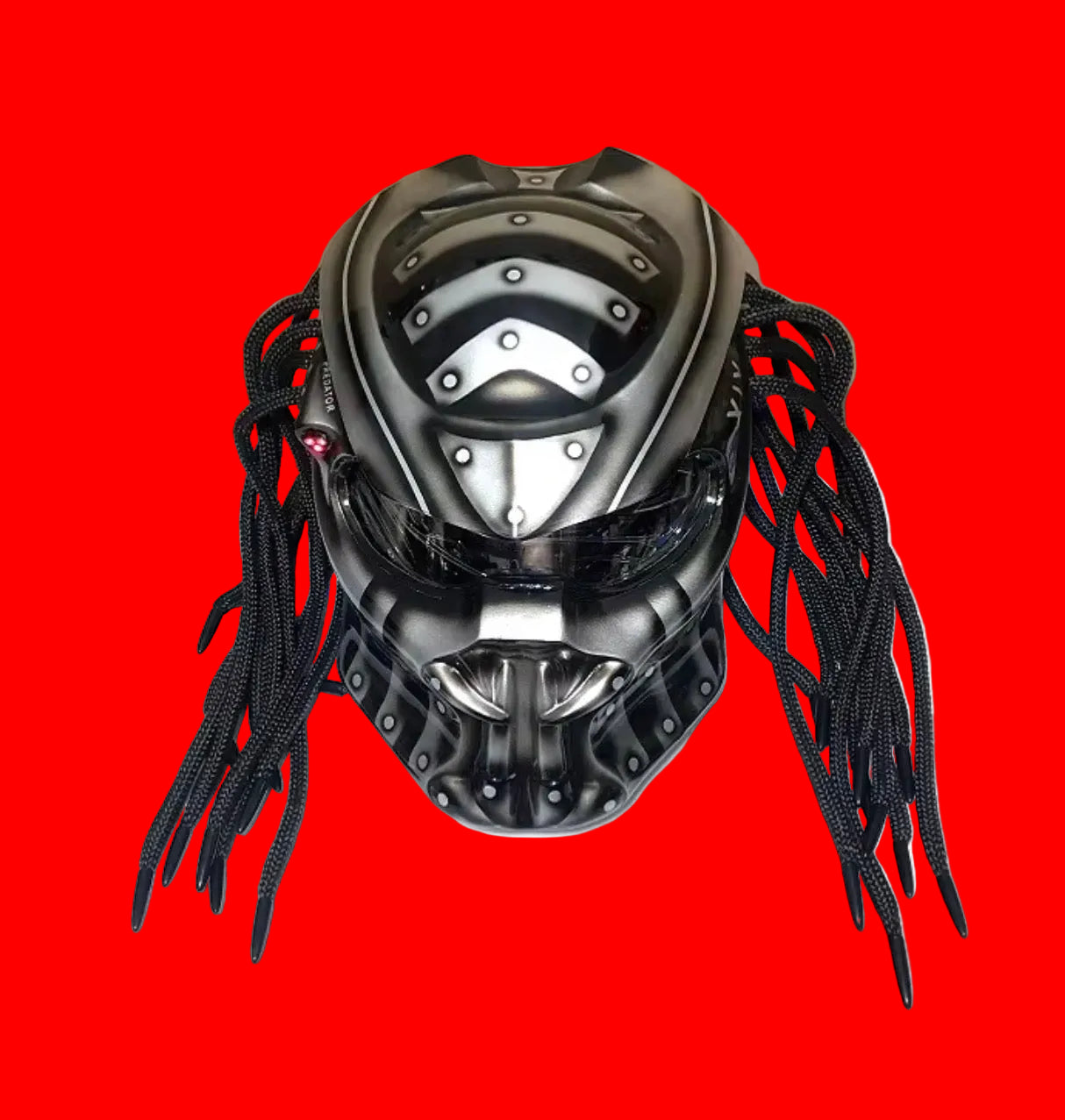 Custom Predator Motorcycle Helmet with Dreadlocks - Full Face Red Black DOT Approved