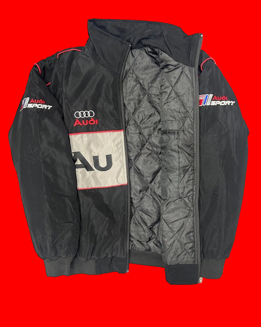 Retro Audi Sport Bomber Jacket - Black Red Trim Grey Chest Panel Motorsport Style