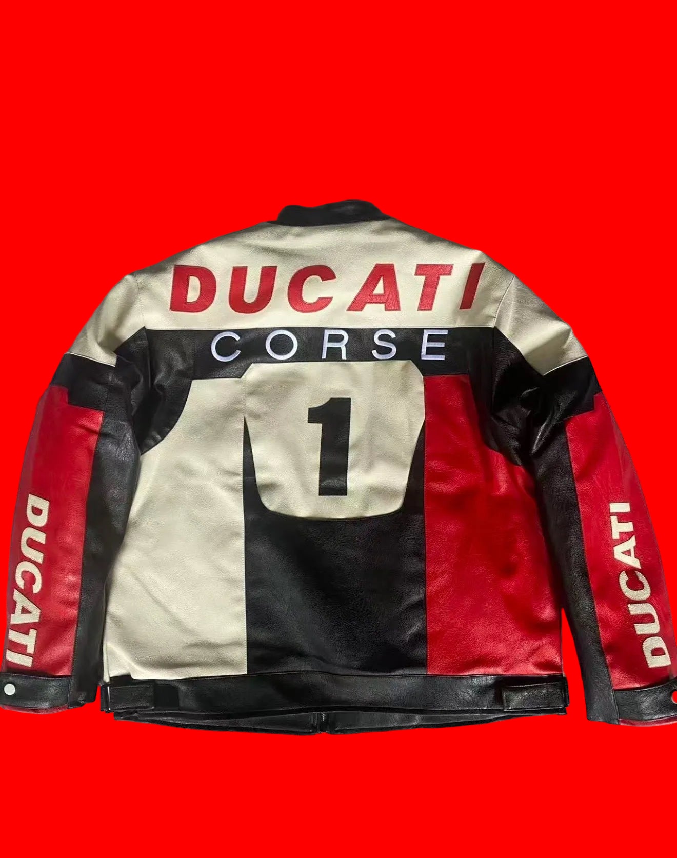 Ducati Corse Leather Motorcycle Jacket
- Beige Red Black Racing Style with Certified Specialist RL Patch