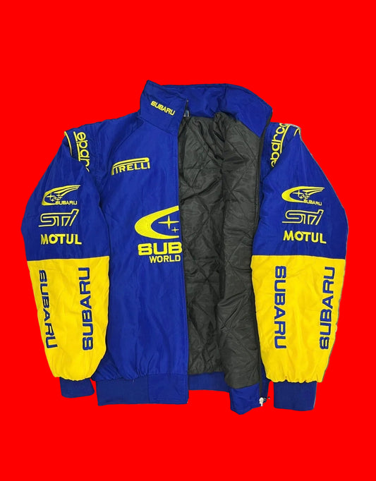 Vintage Subaru World Rally Team Jacket Blue & Yellow STI WRC Racing Bomber with Pirelli & Motul Patches