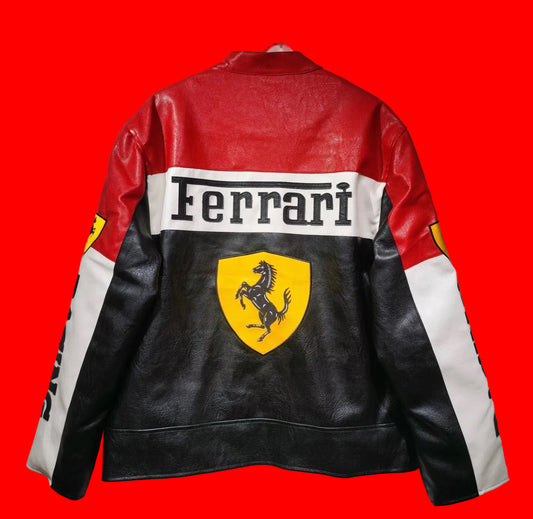 Ferrari Red & White Racing Leather Jacket - Michelin Patches & RACING
Sleeves