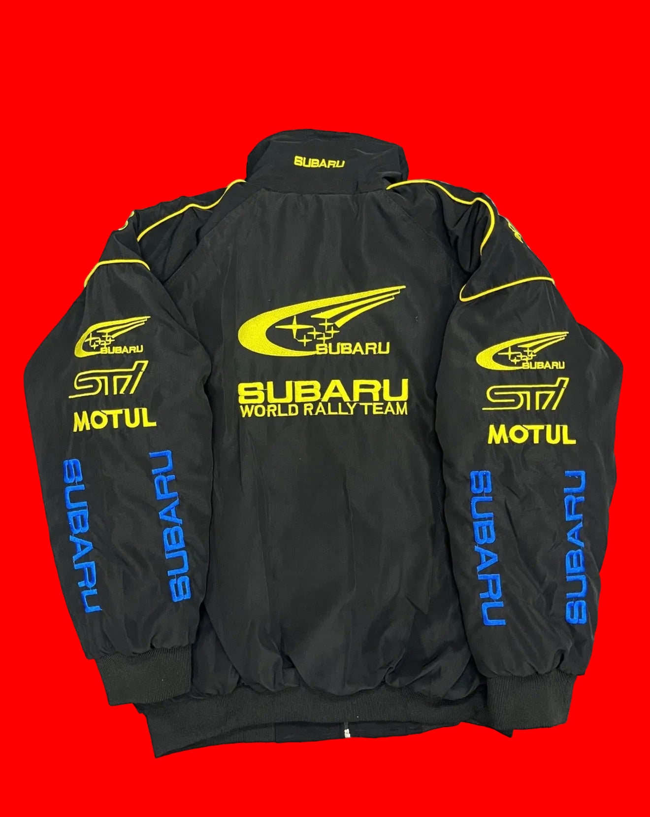 Vintage-Inspired Subaru World Rally Team Jacket - Black with Blue & Yellow Accents, STI Pirelli Motul Embroidery