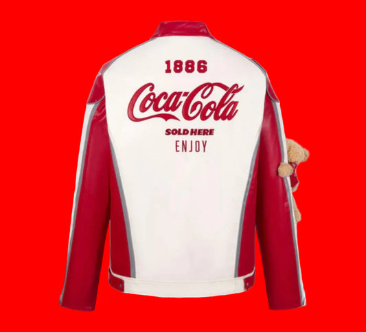 13DE MARZO x Coca-Cola Bear inspired Racing
Leather Jacket - Red/White