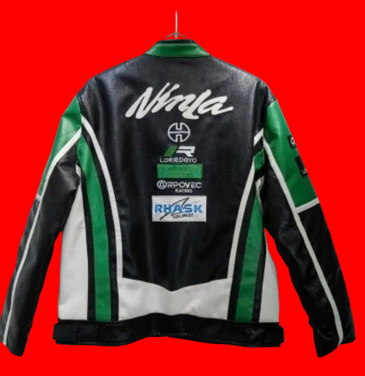 Kawasaki Ninja Racing Leather Jacket-Green Black Heararotod Inspired