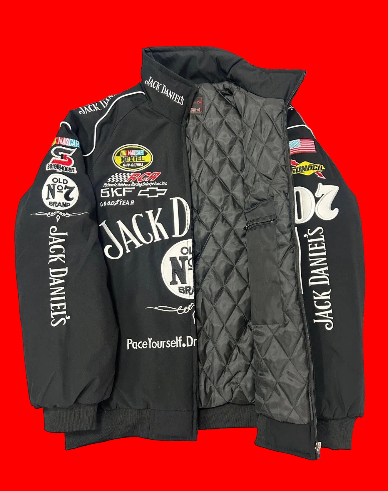 Vintage Jack Daniel's Old No. 7 NASCAR Racing Jacket - Black #07 RCR Sponsor Patches