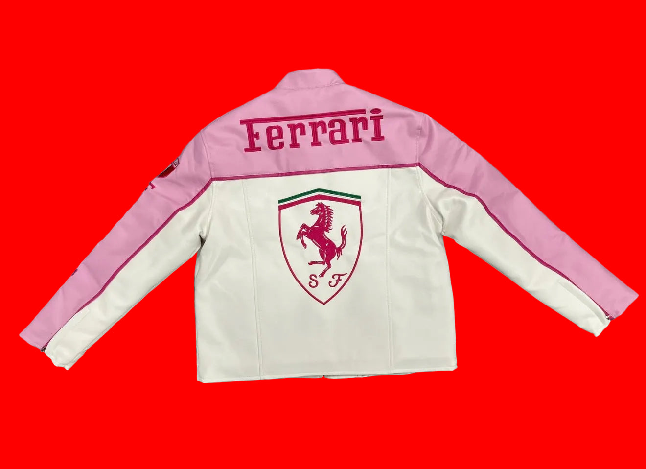 Vintage Kimi Räikkönen Ferrari Pink
Racing Jacket - "1 Kimi" Ferrari Leather
MotoGP Style White Pink