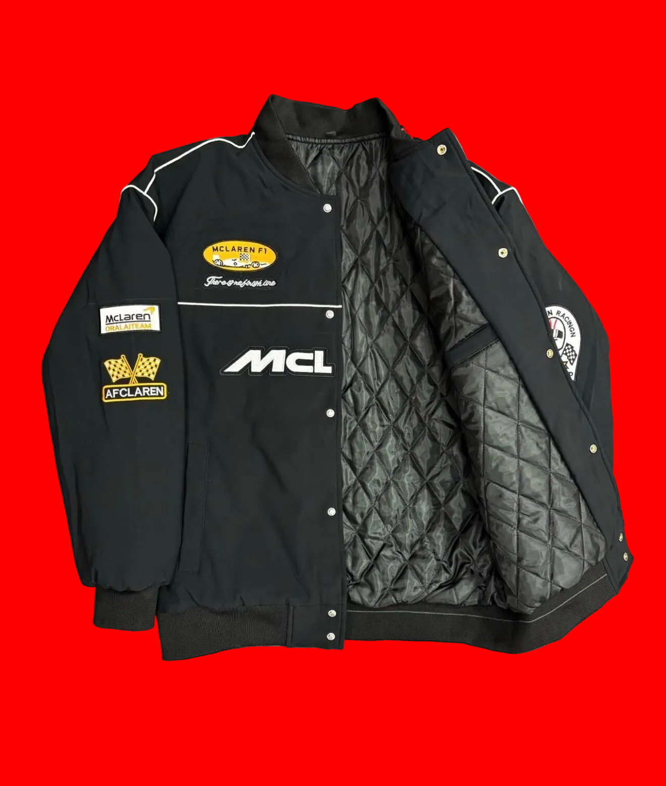 Vintage-Inspired McLaren F1 Racing
Bomber Jacket - Black Heritage Edition