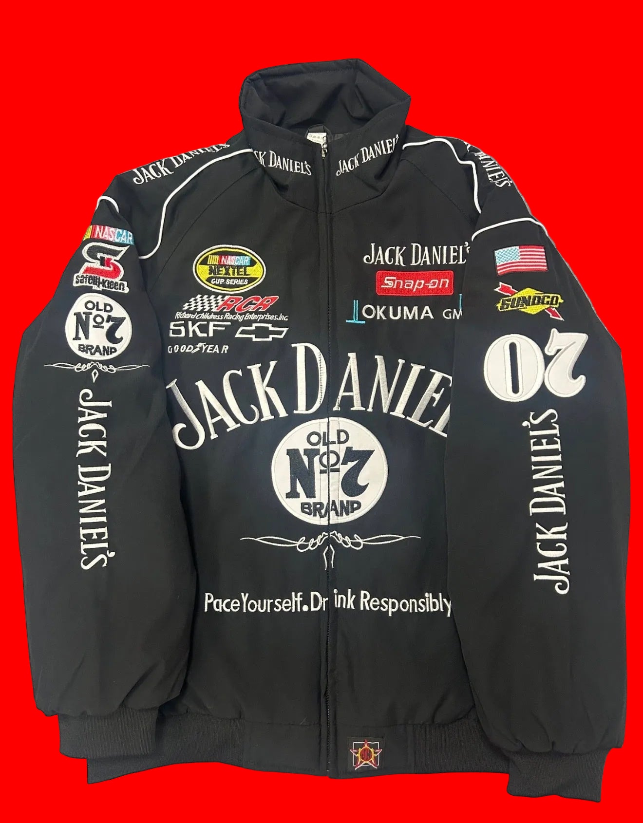Vintage Jack Daniel's Old No. 7 NASCAR Racing Jacket - Black #07 RCR Sponsor Patches