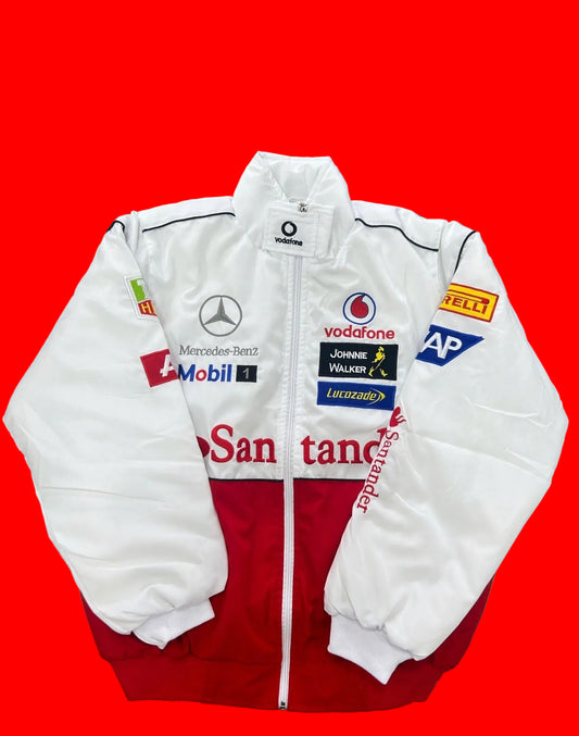 Vintage Vodafone McLaren Mercedes F1 Team Racing Jacket - White/Red - Johnnie Walker Mobil 1 Santander