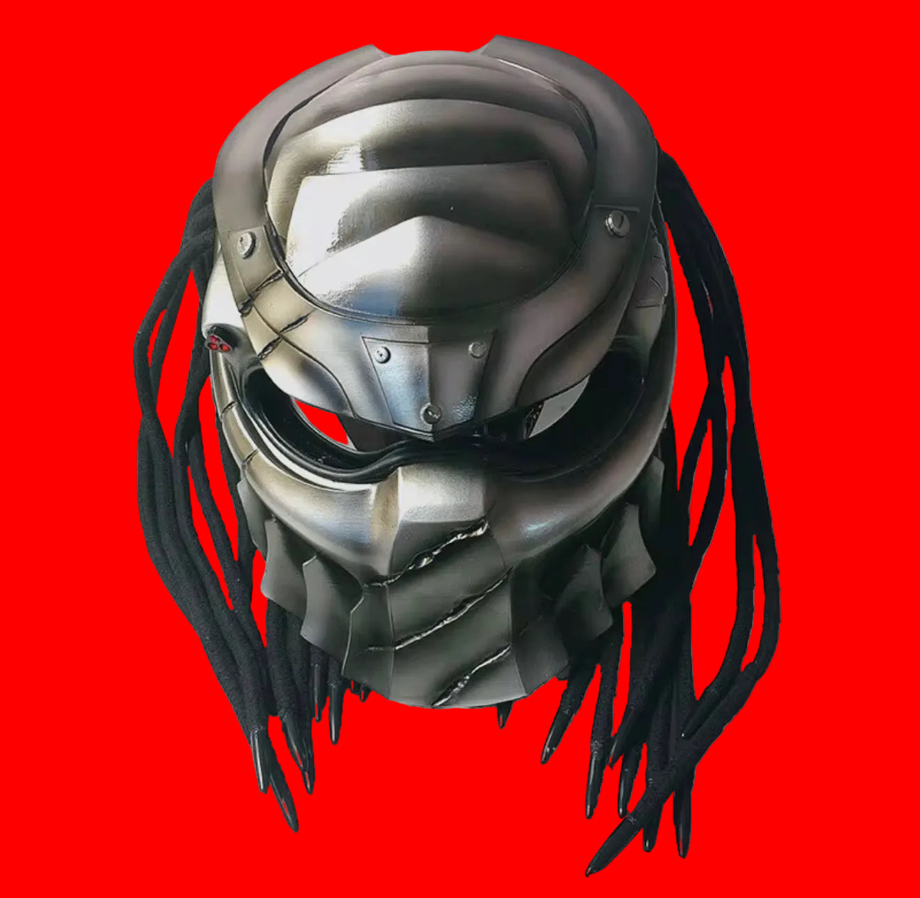 Custom Predator Motorcycle Helmet with Dreadlocks - Full Face Red Black DOT Approved