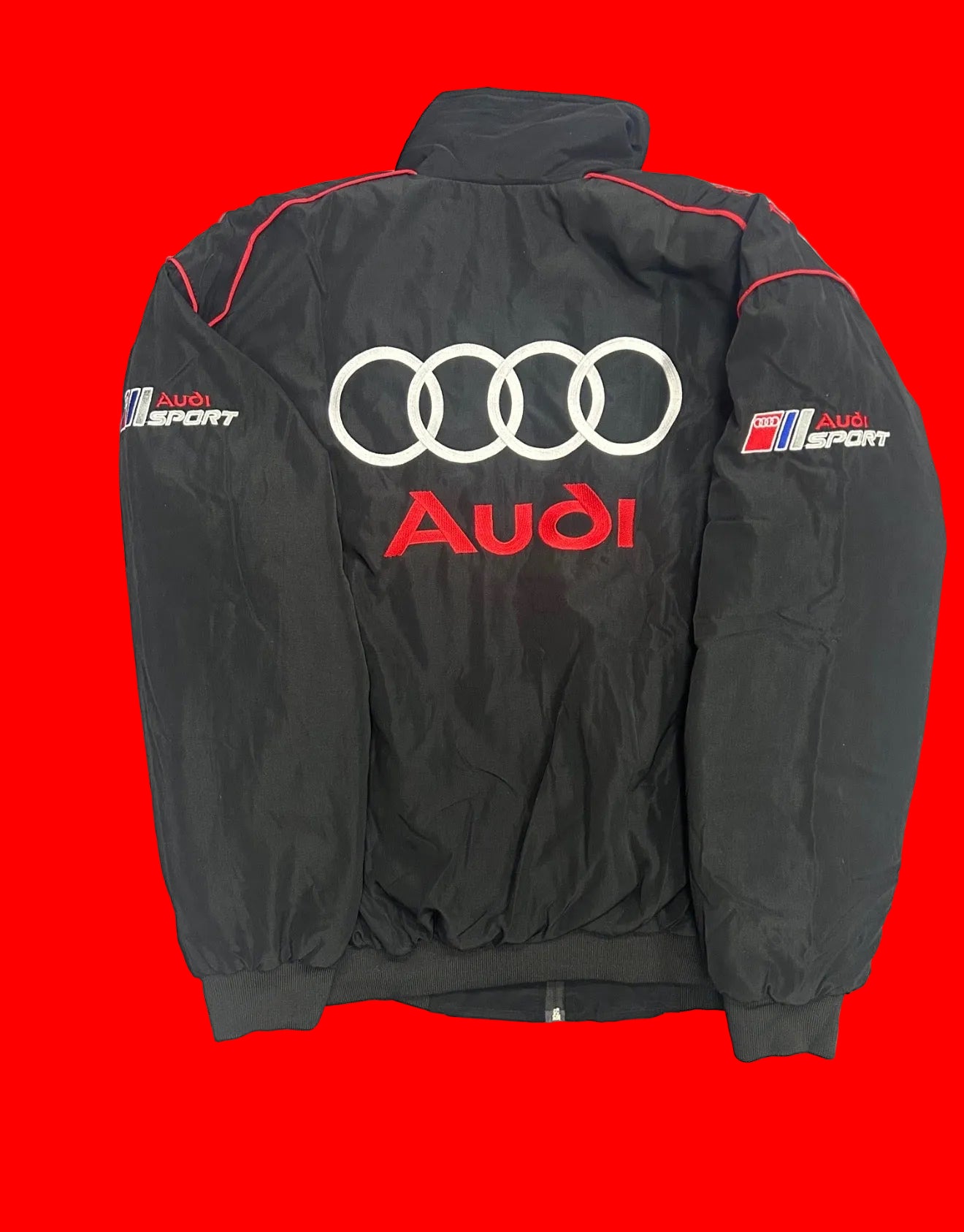 Retro Audi Sport Bomber Jacket - Black Red Trim Grey Chest Panel Motorsport Style