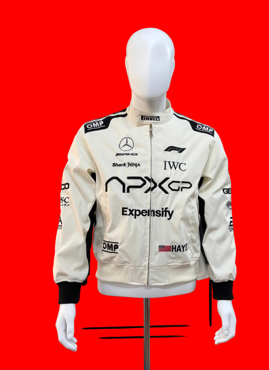 Inspired Expensify APXGP F1 Movie Racing
Jacket - White OMP Style Bomber with Mercedes AMG