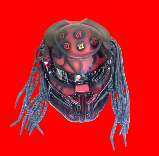 Custom Predator Motorcycle Helmet with Dreadlocks - Full Face Red Black DOT Approved