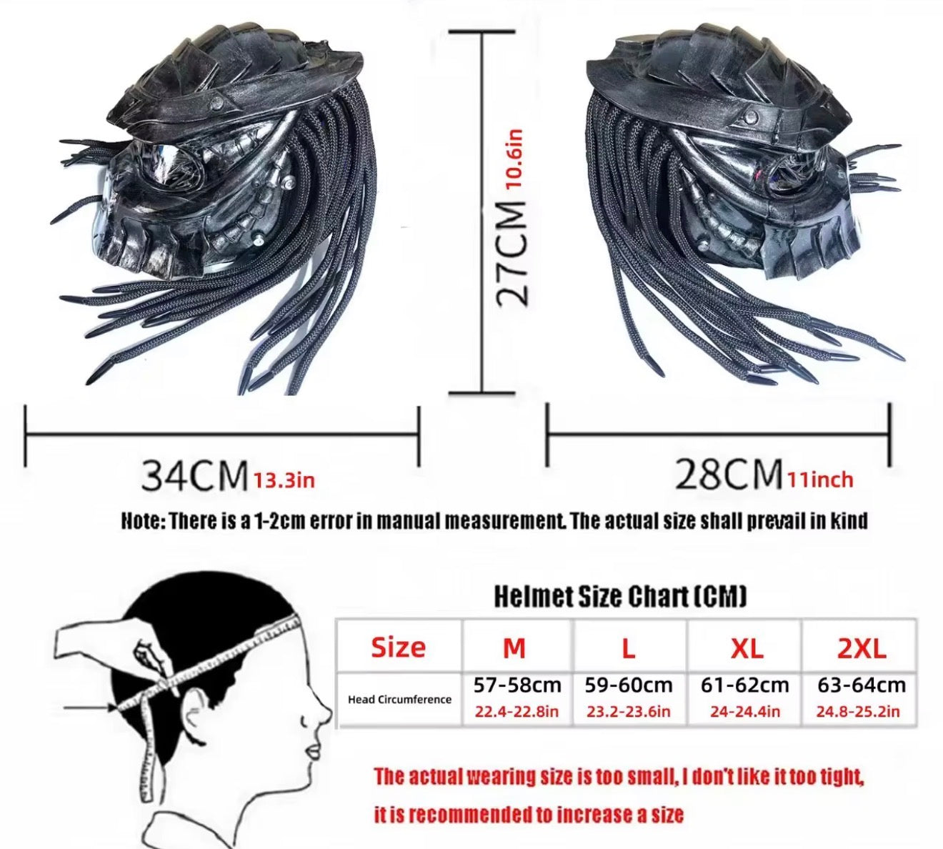 Custom Predator Motorcycle Helmet with Dreadlocks - Full Face Red Black DOT Approved