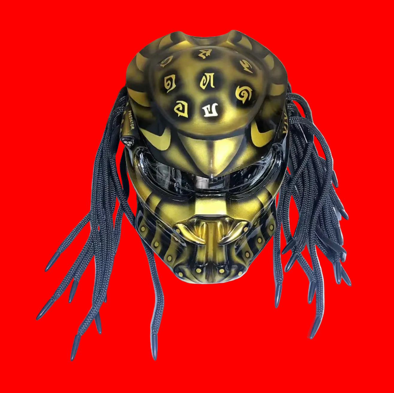 Custom Predator Motorcycle Helmet with Dreadlocks - Full Face Red Black DOT Approved