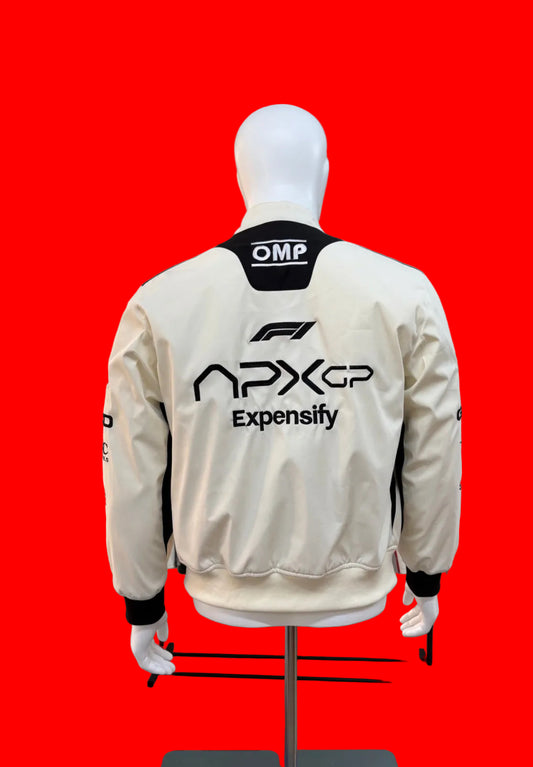 Inspired Expensify APXGP F1 Movie Racing
Jacket - White OMP Style Bomber with Mercedes AMG
