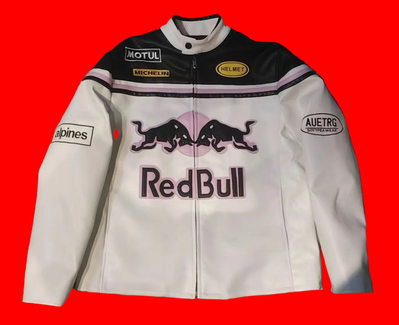 Red Bull Racing Leather Motorcycle
Jacket Vintage - Big Bulls Logo Motul Michelin Alpinestars Patch White/Pink/ Black Edition