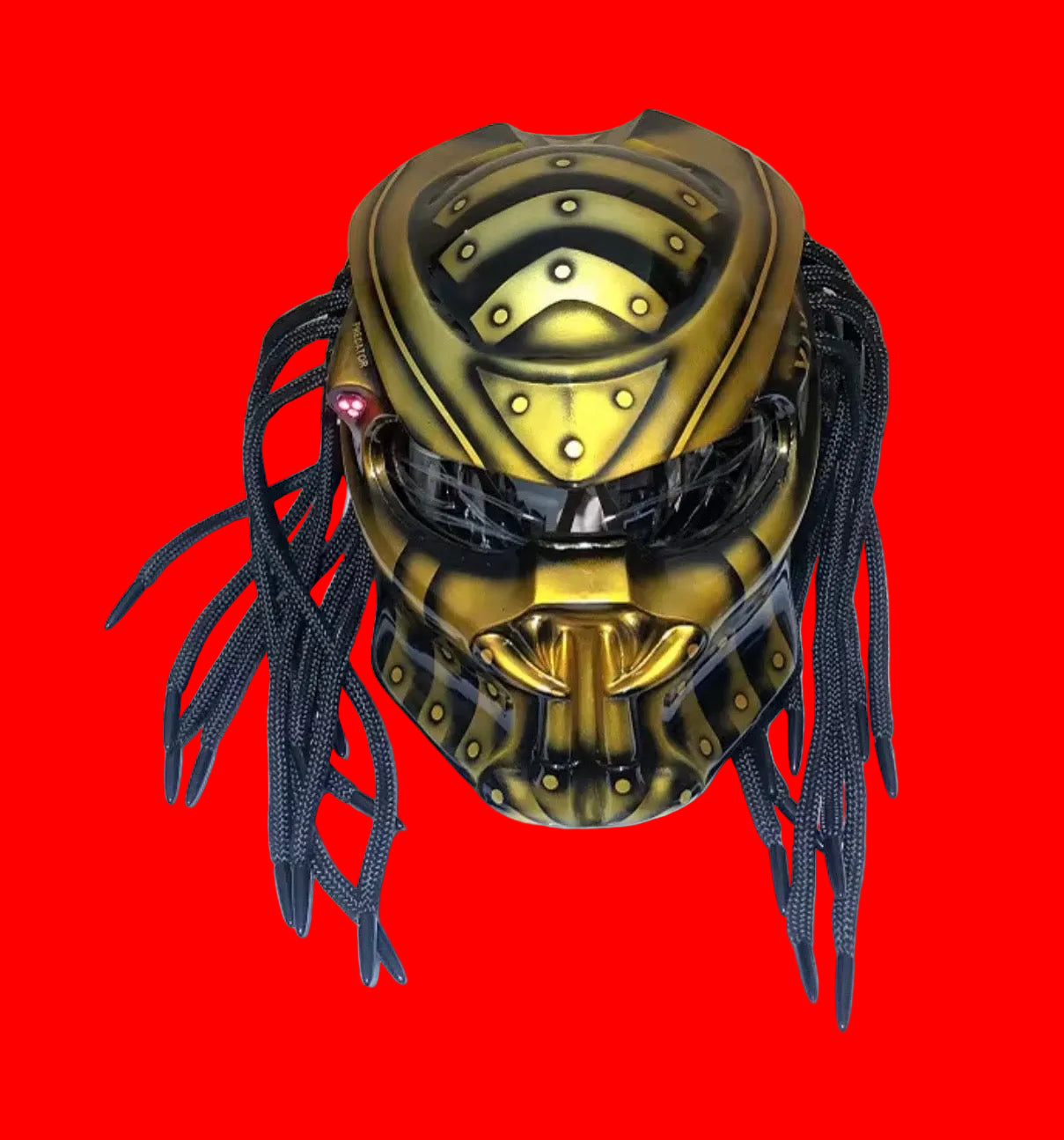 Custom Predator Motorcycle Helmet with Dreadlocks - Full Face Red Black DOT Approved