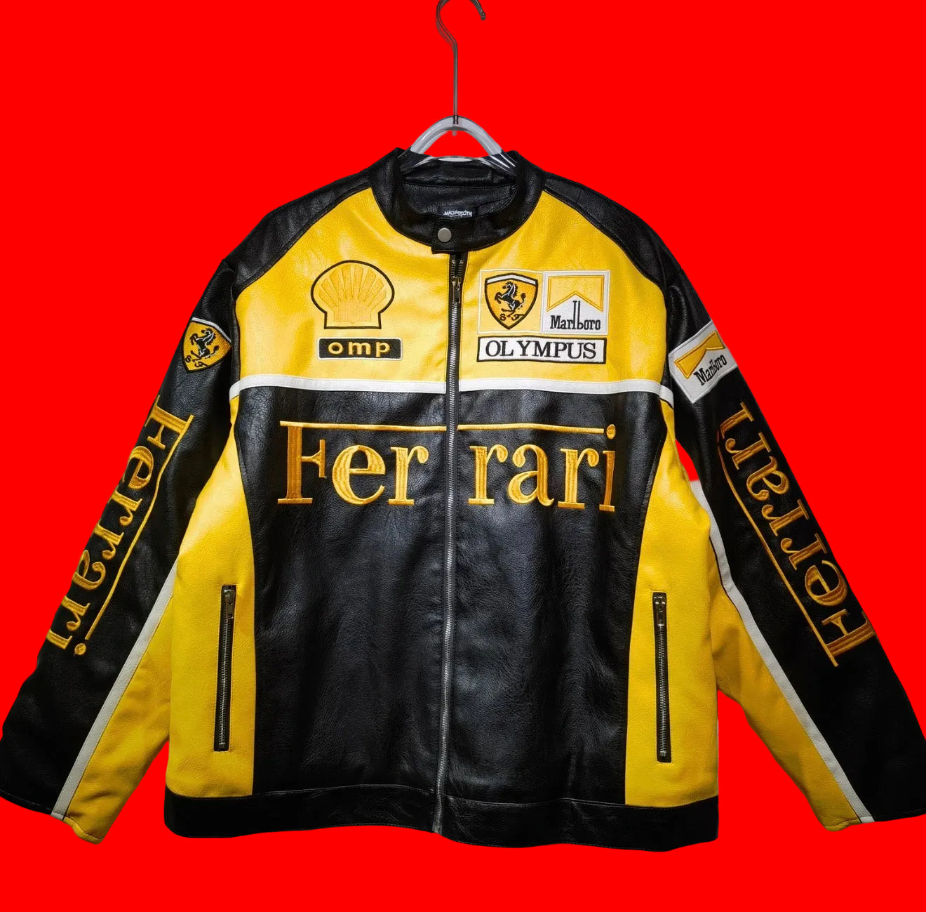 Vintage Ferrari Marlboro Leather Racing Jacket -  Red/BlackShell Olive Green/BlackShell Yellow/BlackShell