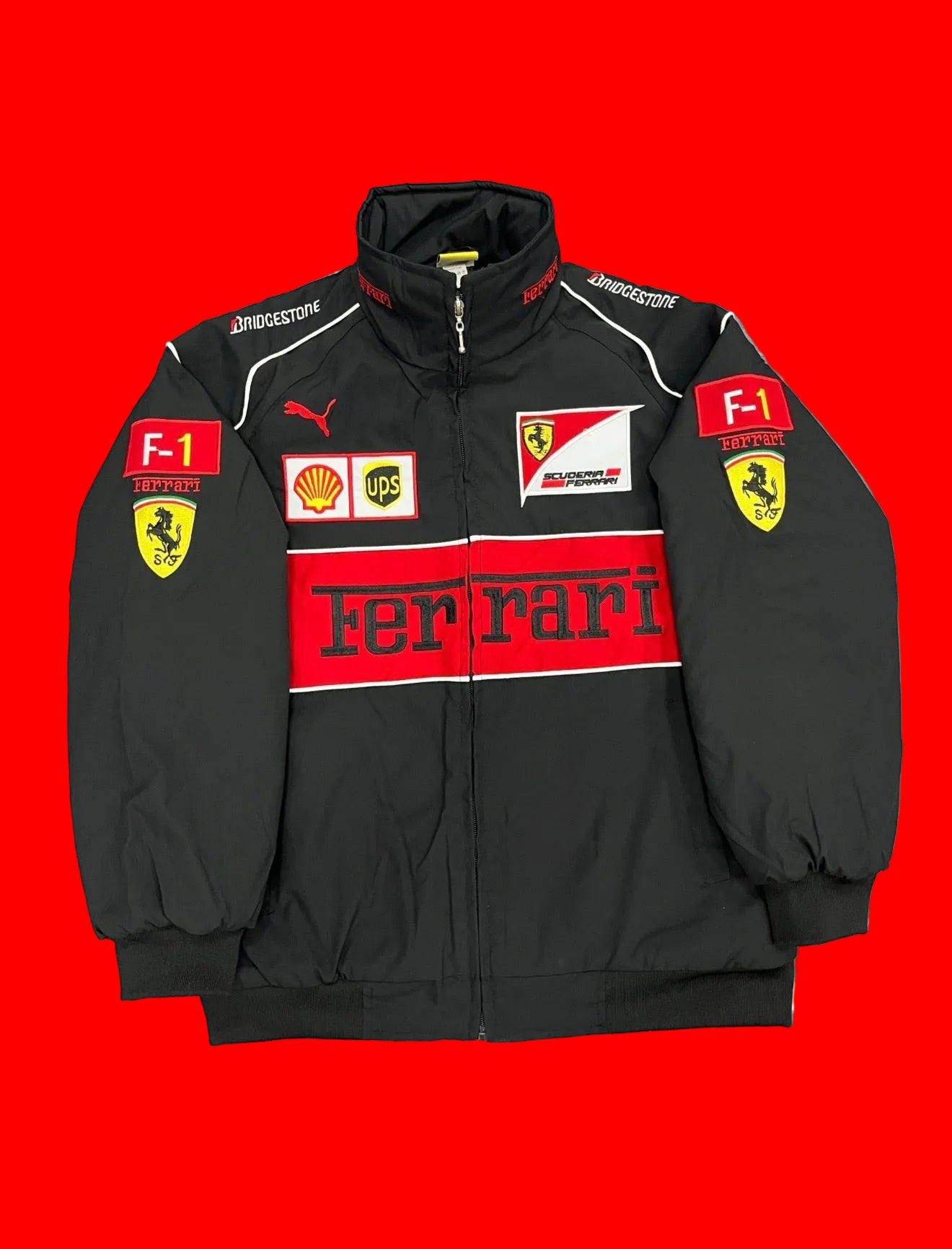 Vintage Scuderia Ferrari F1 Racing Jacket Puma Bridgestone Shell UPS Black Red Streetwear