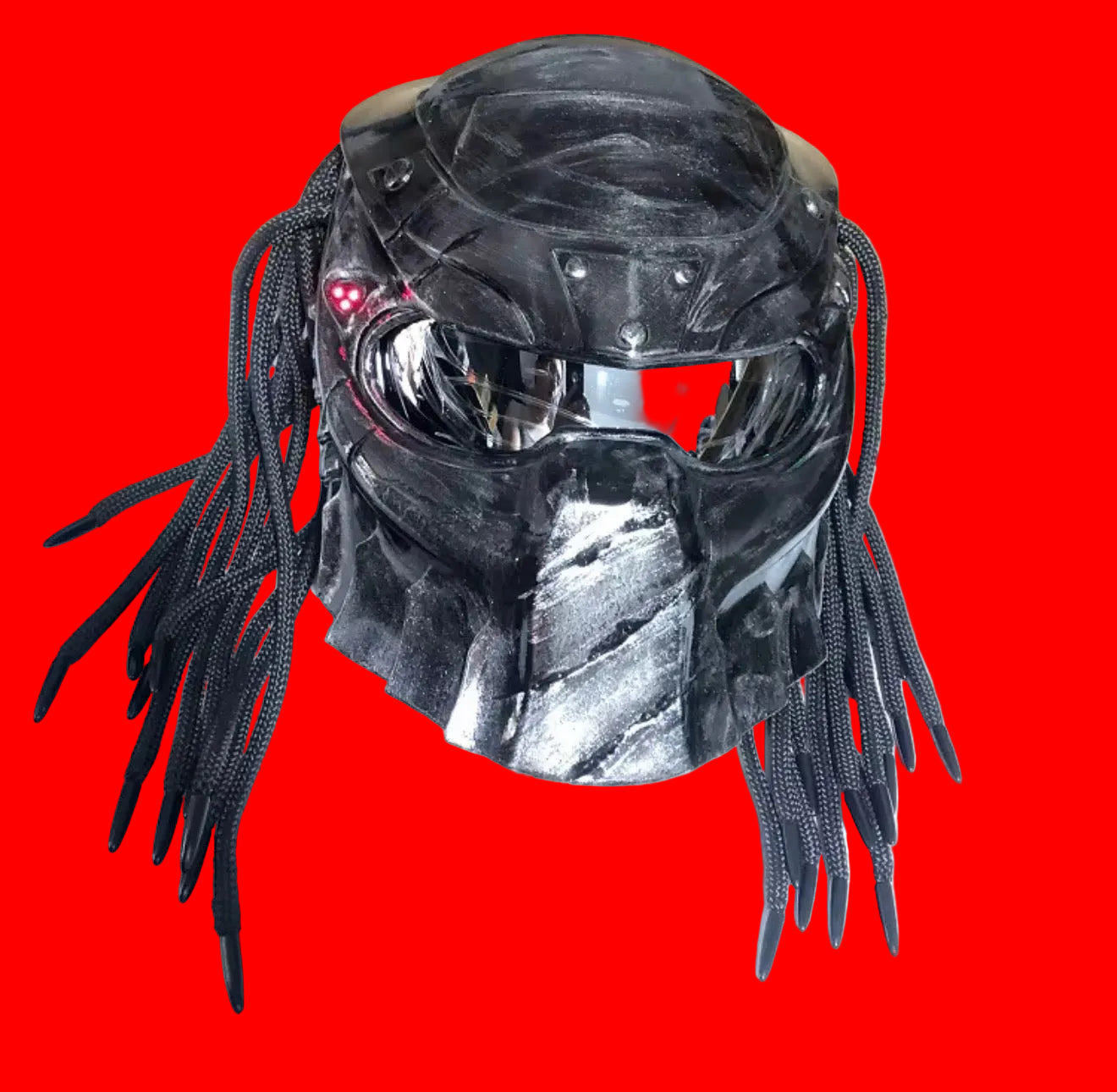 Custom Predator Motorcycle Helmet with Dreadlocks - Full Face Red Black DOT Approved