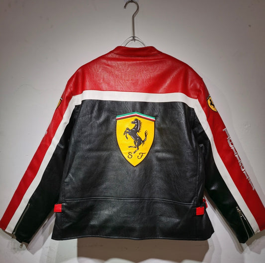 Iconic Ferrari Motorsport Leather
Jacket - Black Base with Red Accents & Major Sponsor Patches