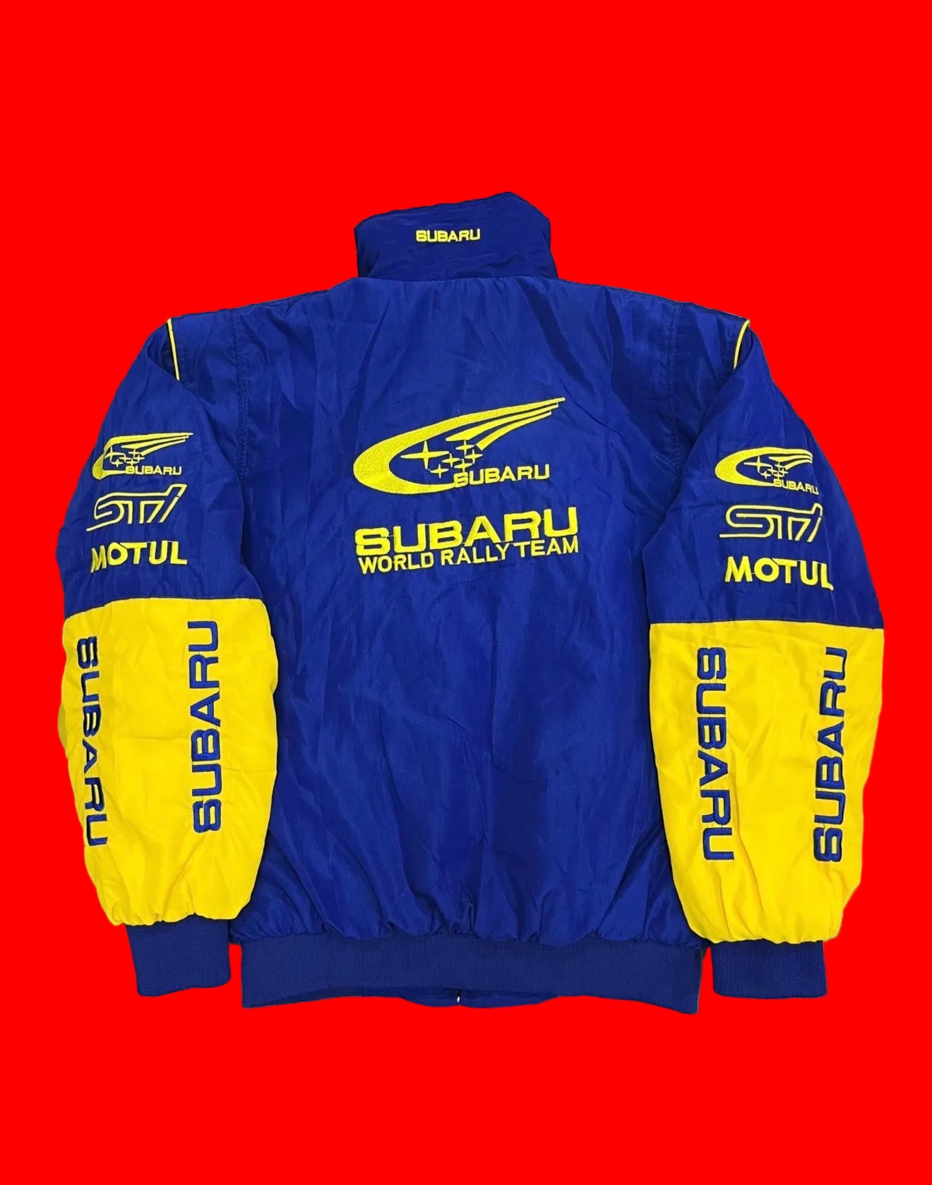 Vintage Subaru World Rally Team Jacket Blue & Yellow STI WRC Racing Bomber with Pirelli & Motul Patches
