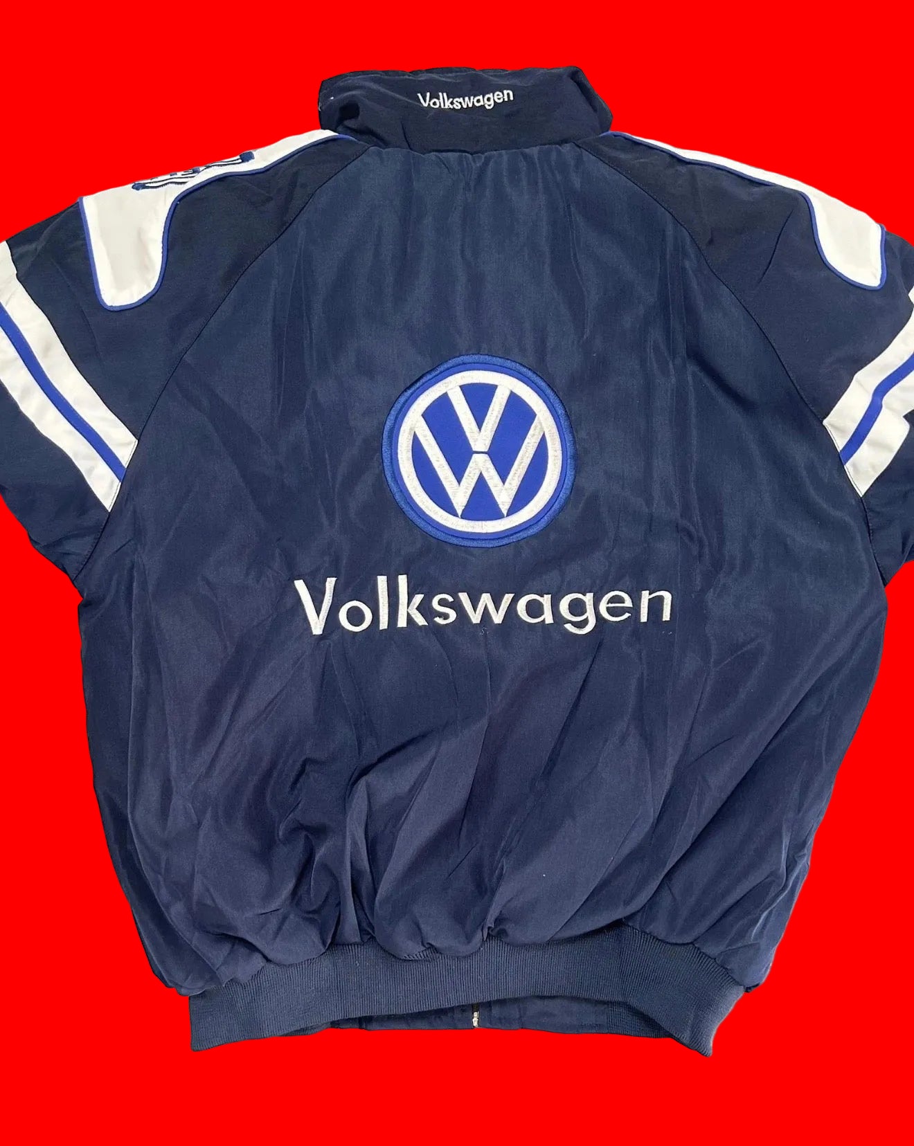 Volkswagen Racing Team Jacket - Navy Blue & White Chevron Design, Castrol Pirelli Embroidered Sponsors