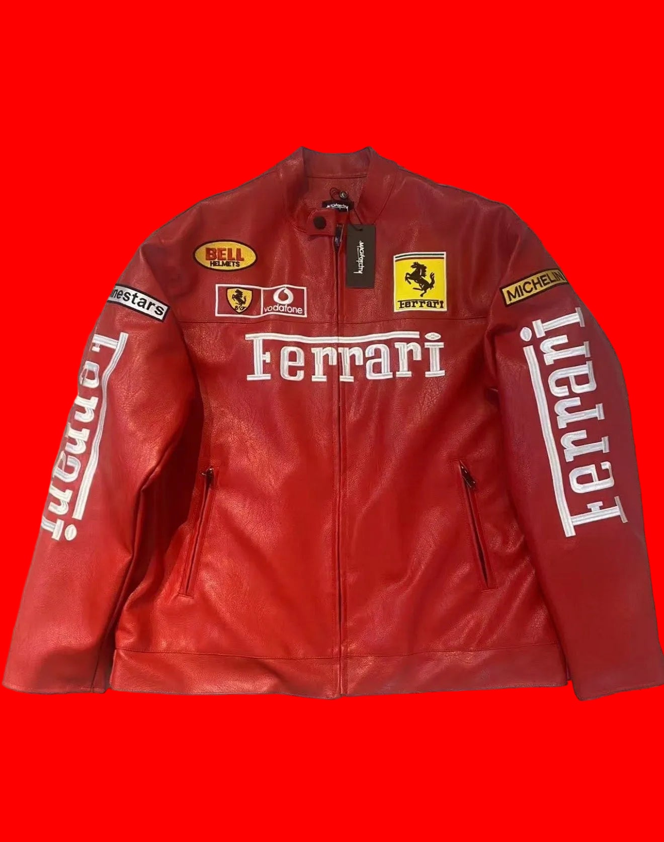 Vintage Ferrari Scuderia Racing Leather
Jacket Alpinestars Bell Vodafone Michelin Patches - Red Full-Zip MotoGP
Style