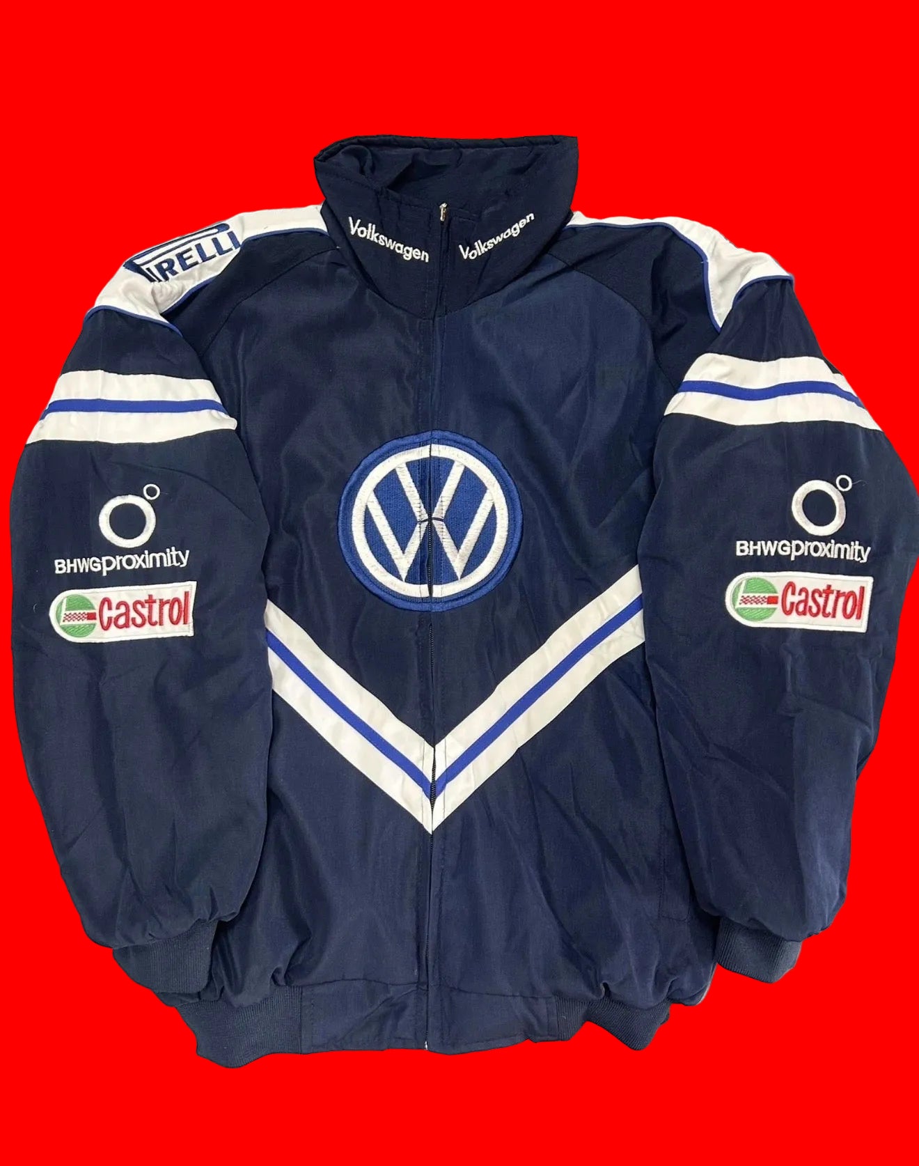 Volkswagen Racing Team Jacket - Navy Blue & White Chevron Design, Castrol Pirelli Embroidered Sponsors
