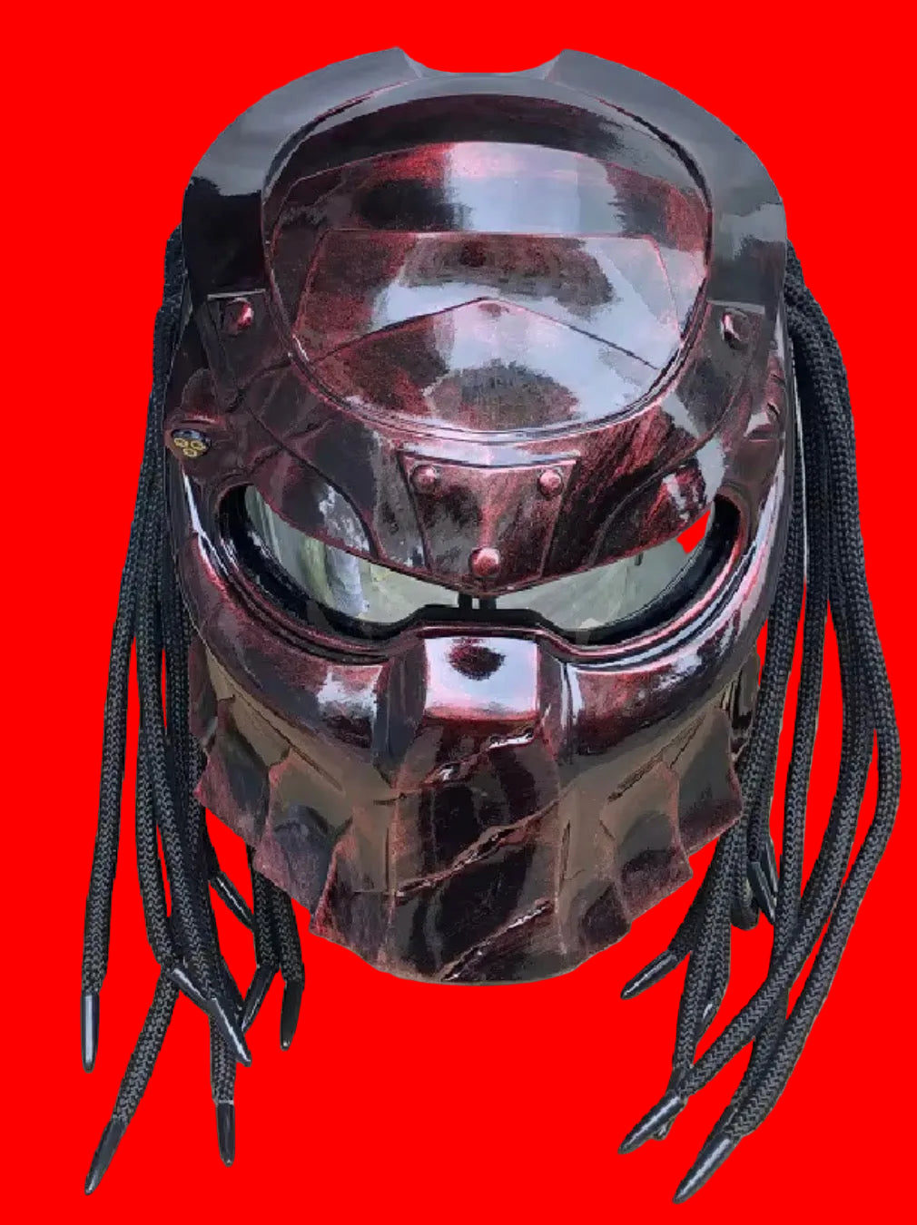 Custom Predator Motorcycle Helmet with Dreadlocks - Full Face Red Black DOT Approved