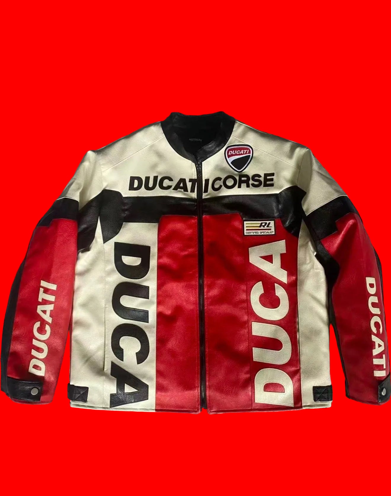 Ducati Corse Leather Motorcycle Jacket
- Beige Red Black Racing Style with Certified Specialist RL Patch