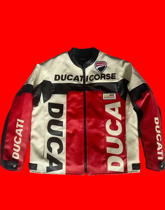 Ducati Corse Leather Motorcycle Jacket
- Beige Red Black Racing Style with Certified Specialist RL Patch