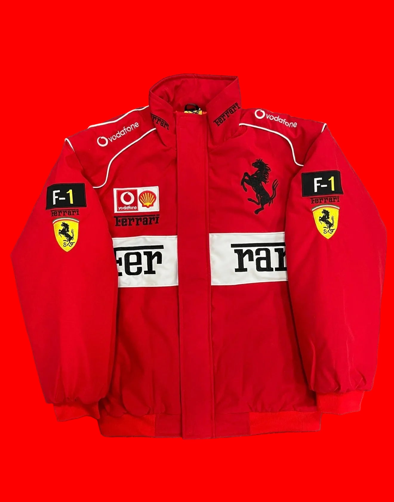 Vintage-Inspired Ferrari F1 Racing
Jacket - Red Vodafone Puma Team
Bomber