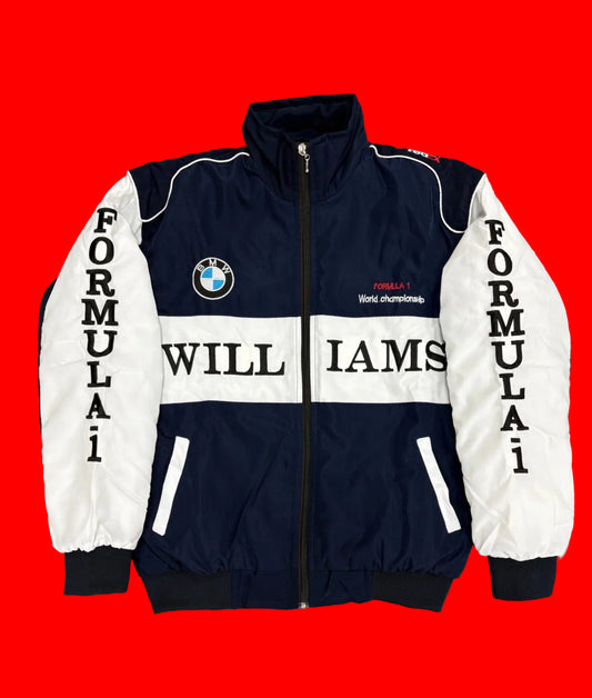 Vintage-Inspired BMW Williams Formula 1 Jacket - Navy Blue White F1 World Championship Bomber with FedEx
Accents