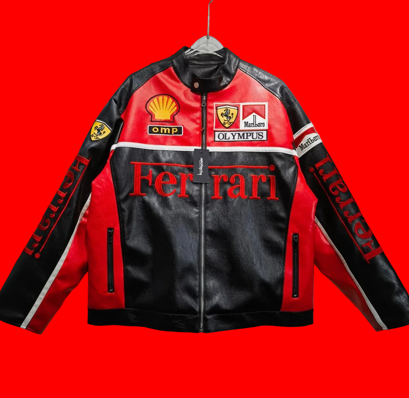 Vintage Ferrari Marlboro Leather Racing Jacket -  Red/BlackShell Olive Green/BlackShell Yellow/BlackShell