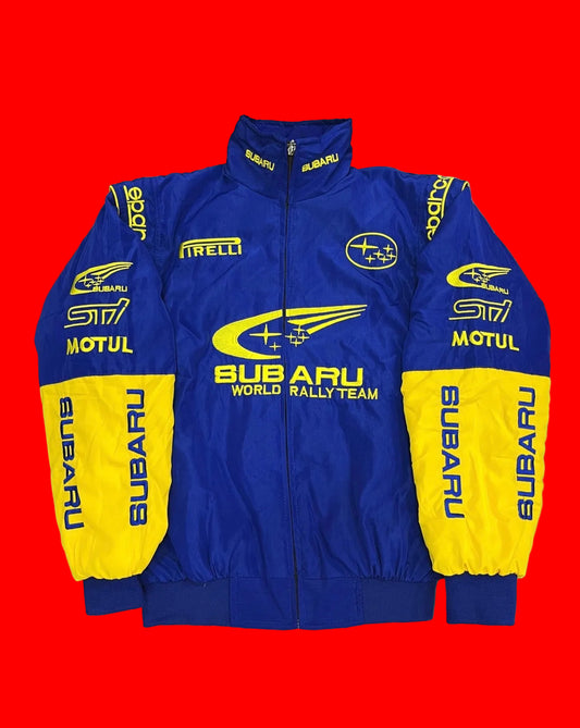 Vintage Subaru World Rally Team Jacket Blue & Yellow STI WRC Racing Bomber with Pirelli & Motul Patches