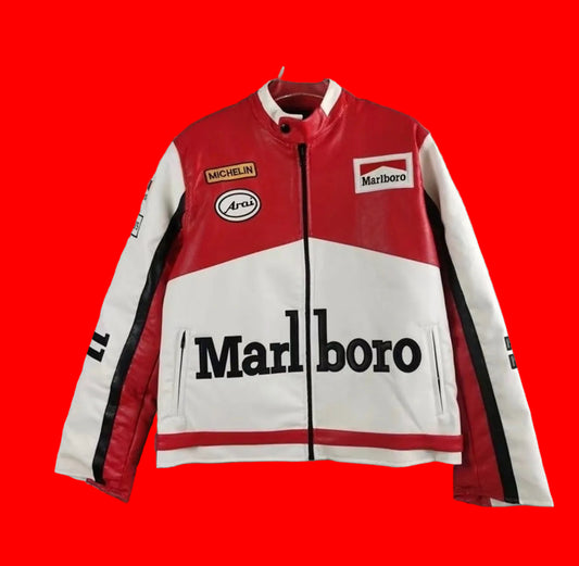 Vintage Marlboro Racing Leather Jacket Michelin Arai Patches - Red White Black
MotoGP Style Bomber