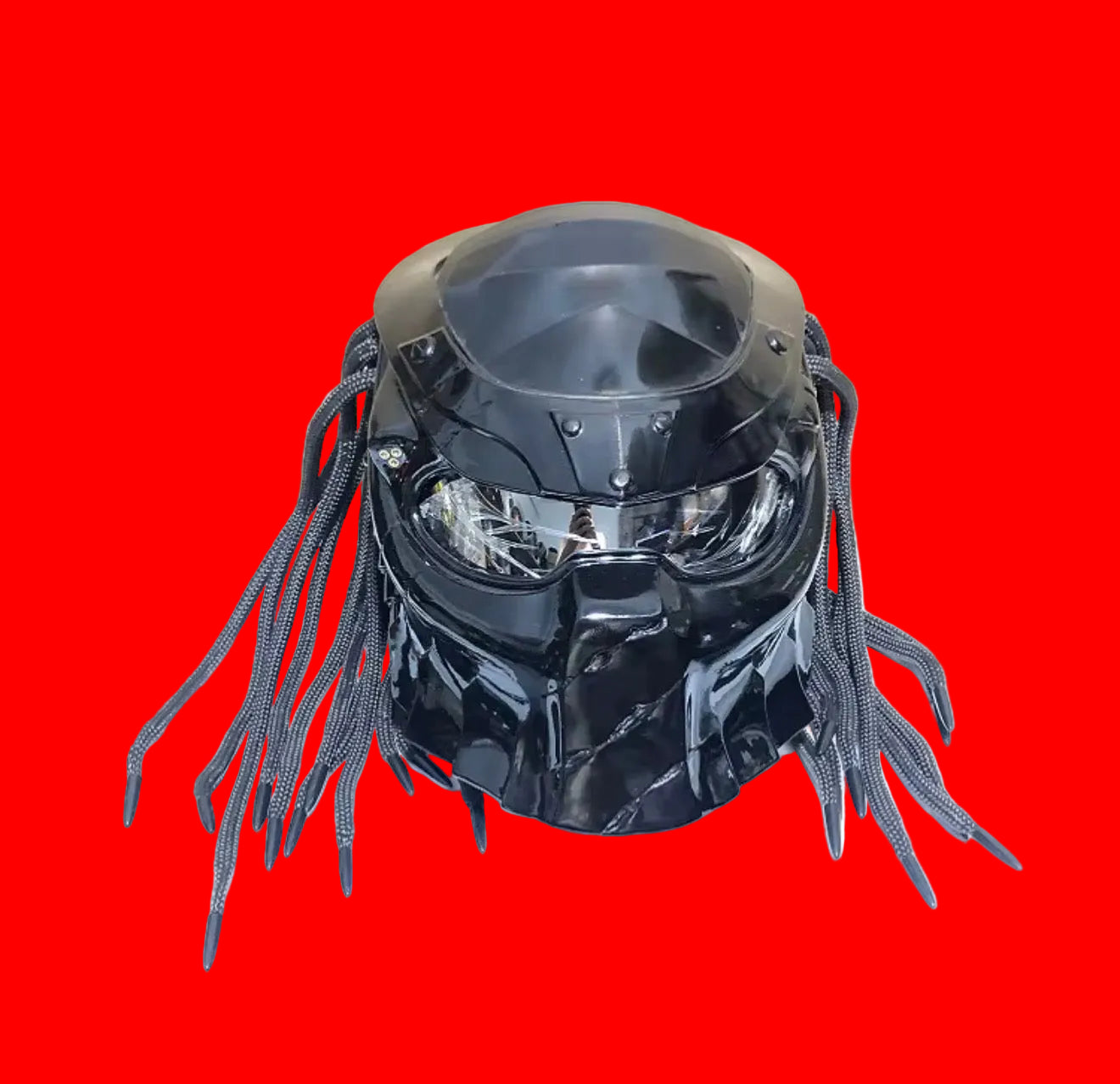 Custom Predator Motorcycle Helmet with Dreadlocks - Full Face Red Black DOT Approved