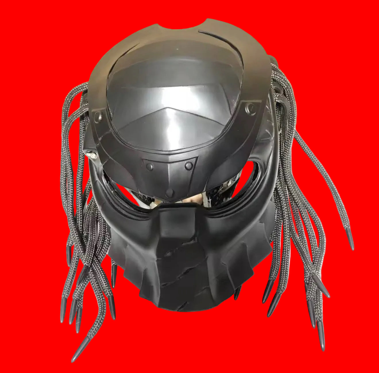 Custom Predator Motorcycle Helmet with Dreadlocks - Full Face Red Black DOT Approved