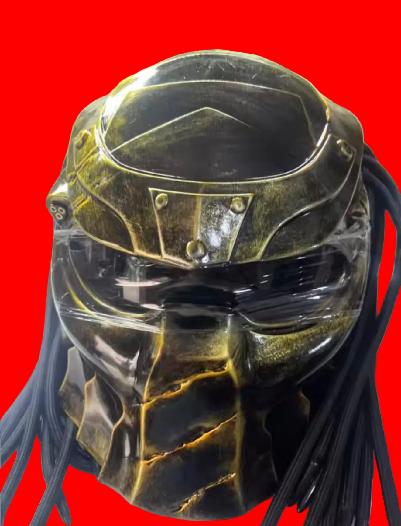 Custom Predator Motorcycle Helmet with Dreadlocks - Full Face Red Black DOT Approved
