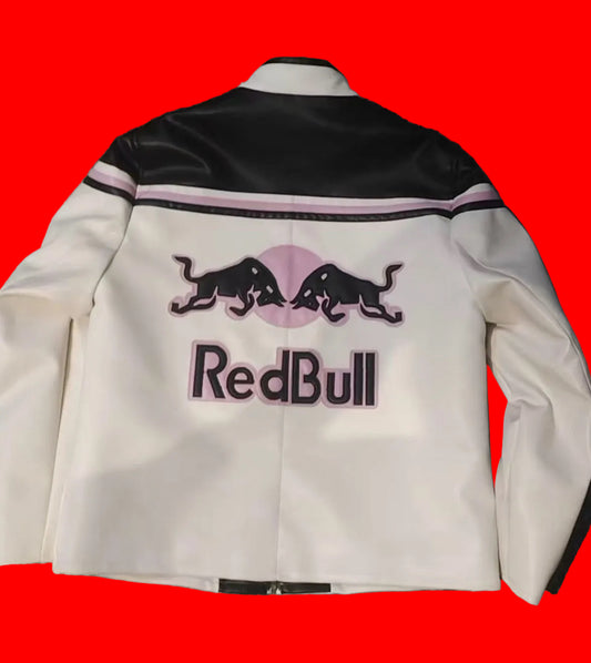 Red Bull Racing Leather Motorcycle
Jacket Vintage - Big Bulls Logo Motul Michelin Alpinestars Patch White/Pink/ Black Edition