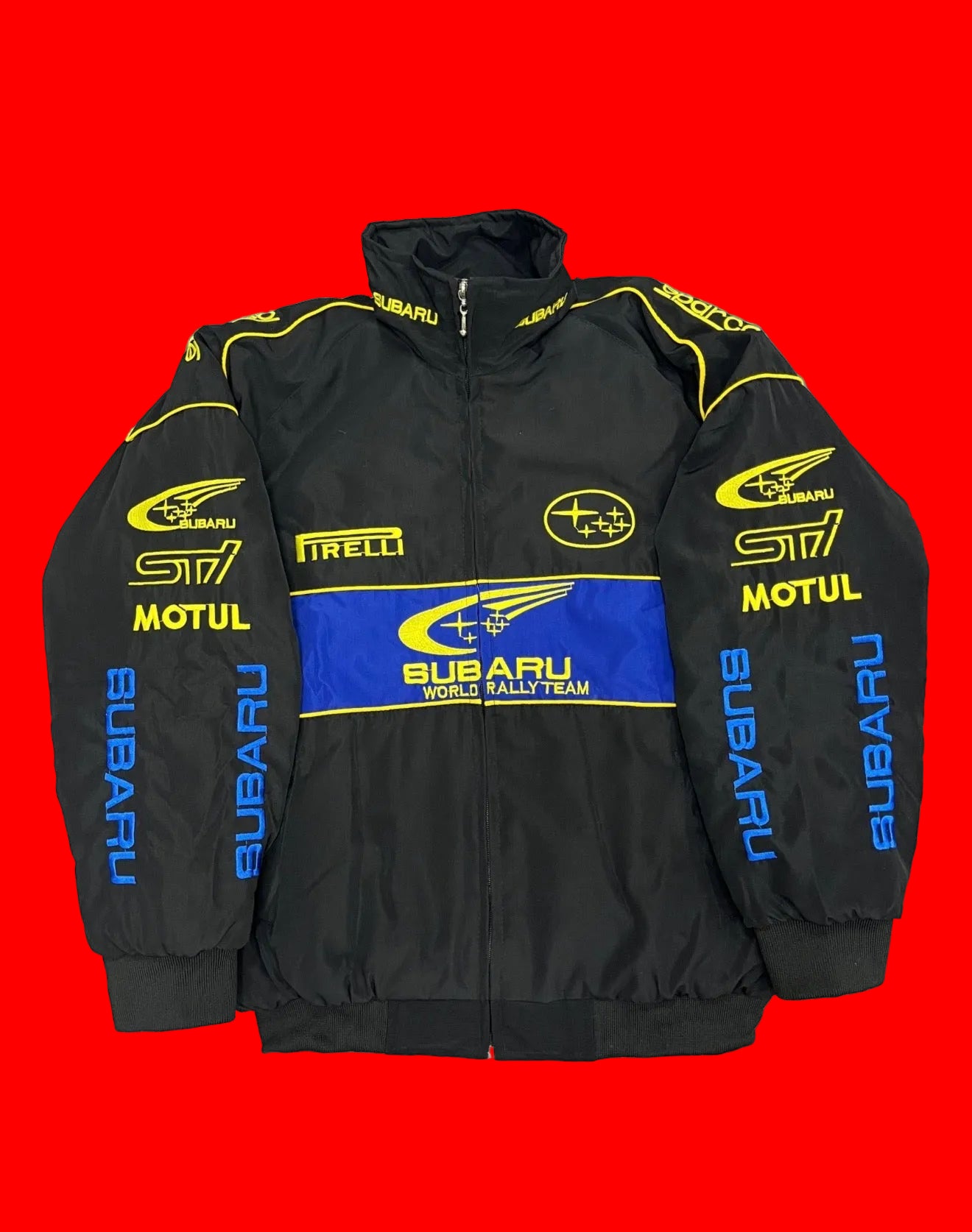 Vintage-Inspired Subaru World Rally Team Jacket - Black with Blue & Yellow Accents, STI Pirelli Motul Embroidery