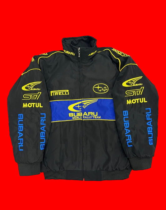 Vintage-Inspired Subaru World Rally Team Jacket - Black with Blue & Yellow Accents, STI Pirelli Motul Embroidery