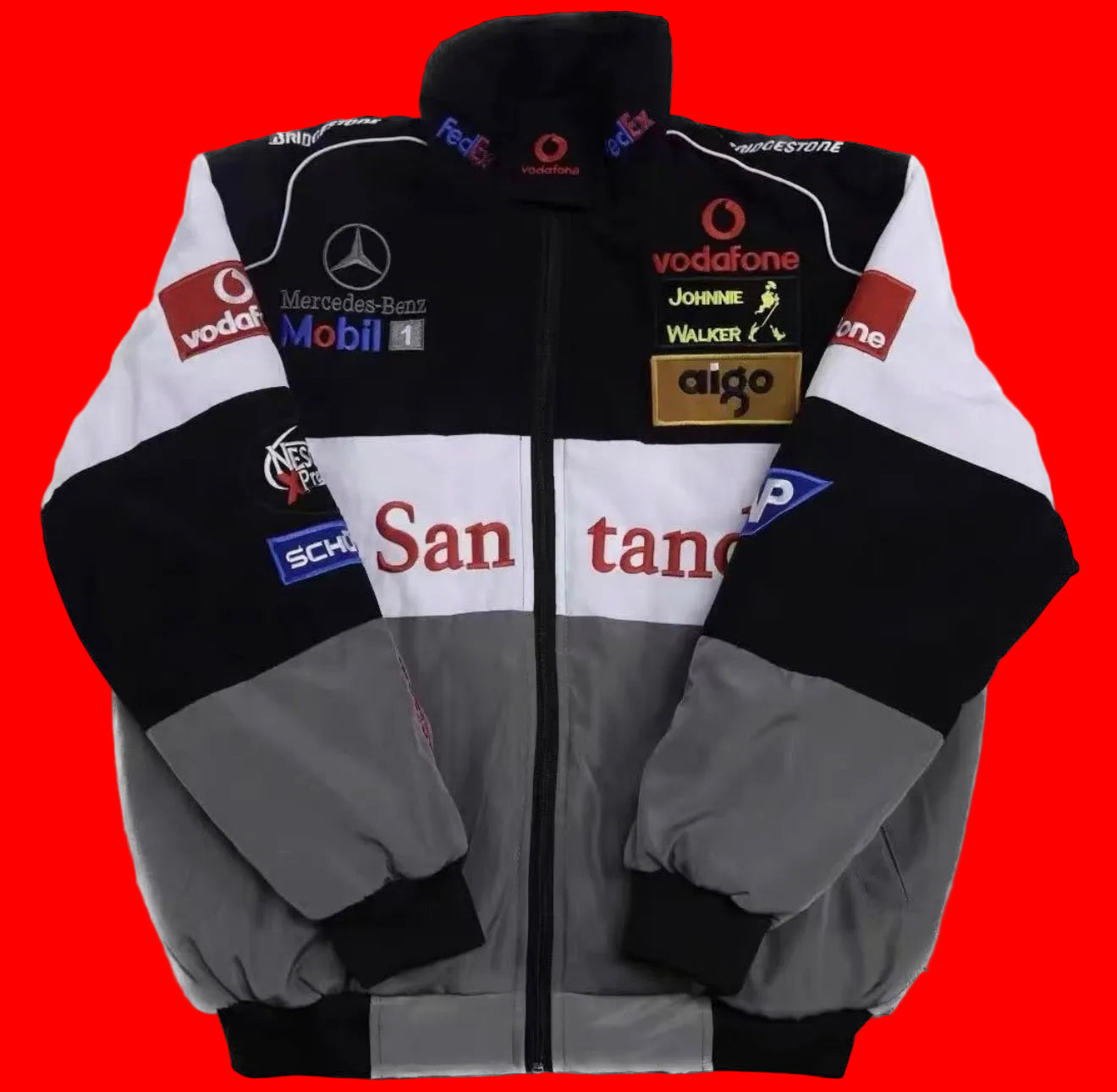 Vintage Vodafone McLaren Mercedes F1 Team Racing Jacket - Black/Grey/White Johnnie Walker aigo Mobil 1 Santander