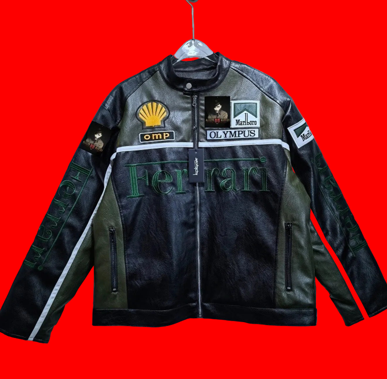 Vintage Ferrari Marlboro Leather Racing Jacket -  Red/BlackShell Olive Green/BlackShell Yellow/BlackShell
