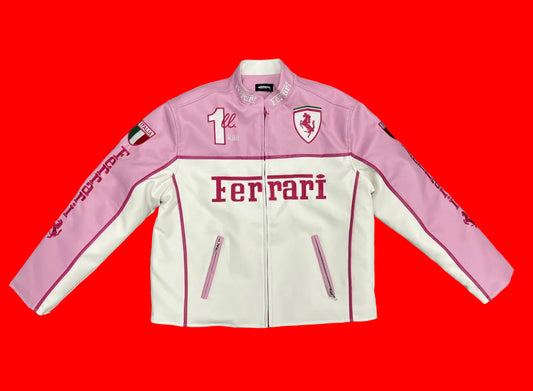 Vintage Kimi Räikkönen Ferrari Pink
Racing Jacket - "1 Kimi" Ferrari Leather
MotoGP Style White Pink