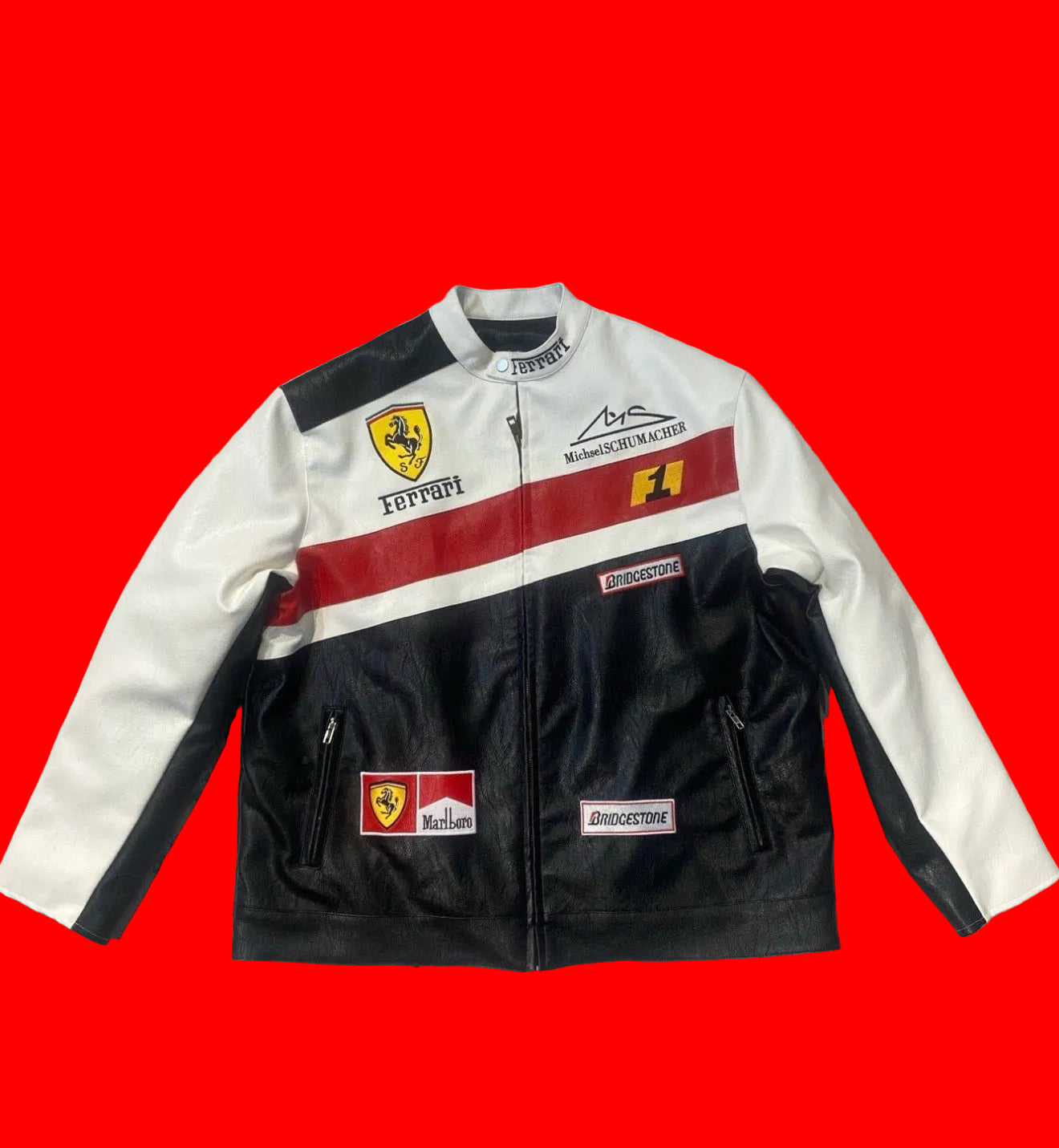 Vintage Ferrari Michael Schumacher F1
Leather Jacket - White Black Red Racing
Biker Coat