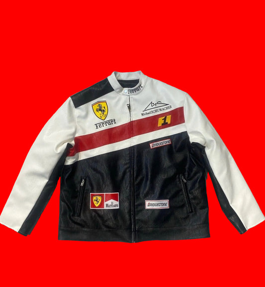 Vintage Ferrari Michael Schumacher F1
Leather Jacket - White Black Red Racing
Biker Coat