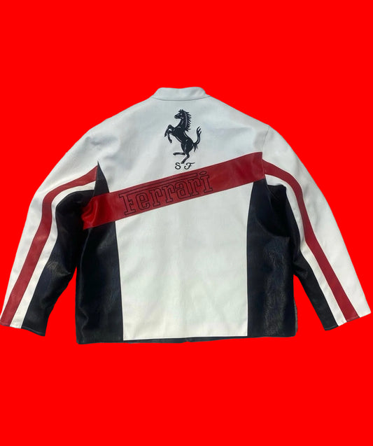 Vintage Ferrari Michael Schumacher F1
Leather Jacket - White Black Red Racing
Biker Coat